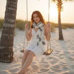 Breezy Ivory, Grey & Tan Palm Tree Print Oblong Scarf/Sarong Resort-Ready Style